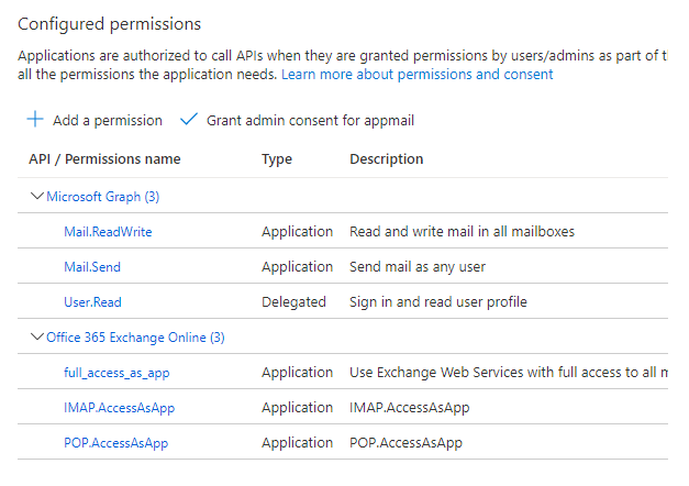 azure application api permission list