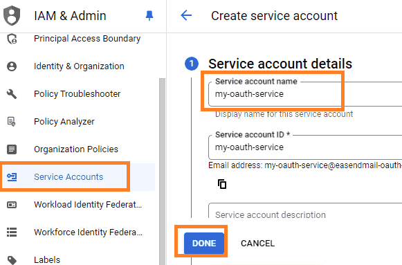 create service account in google developers console