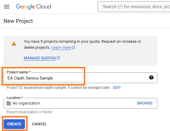 create new project in google cloud console