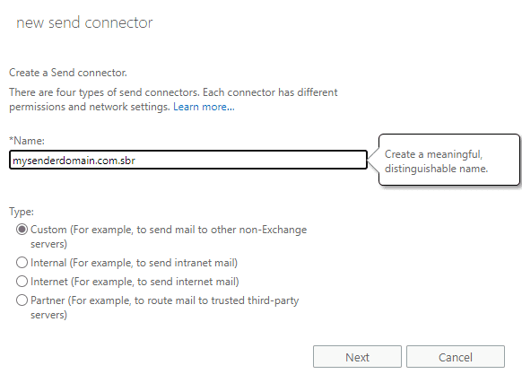 create new send connector in Exchange Server