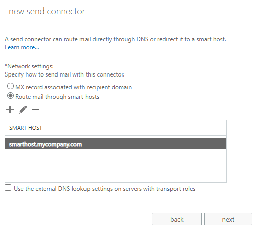 send connector networking settings smart host in Exchange Server