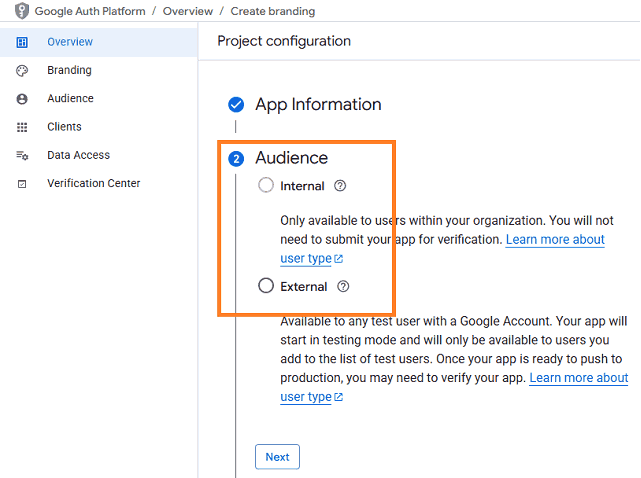 select user type in google oauth consent