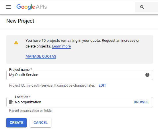 create new project in google developers console